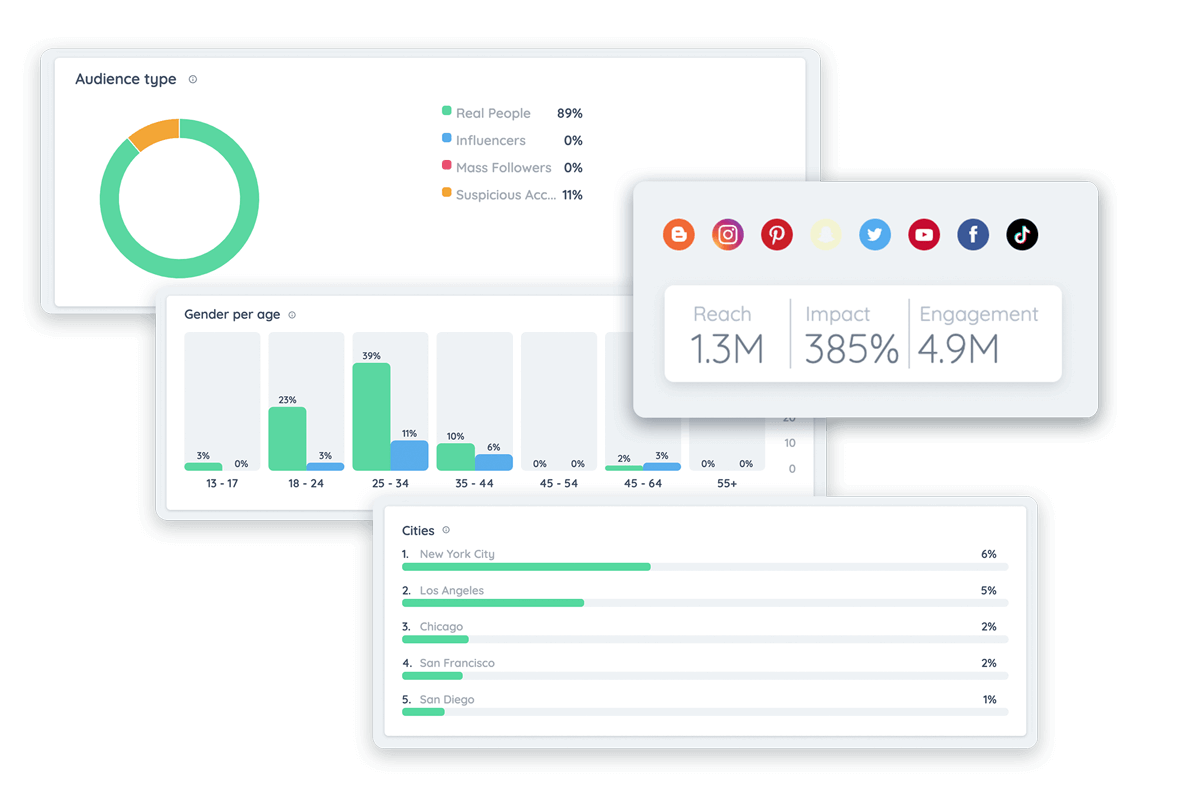 Influencer marketing platform showing suspicious accounts and influencer demographics
