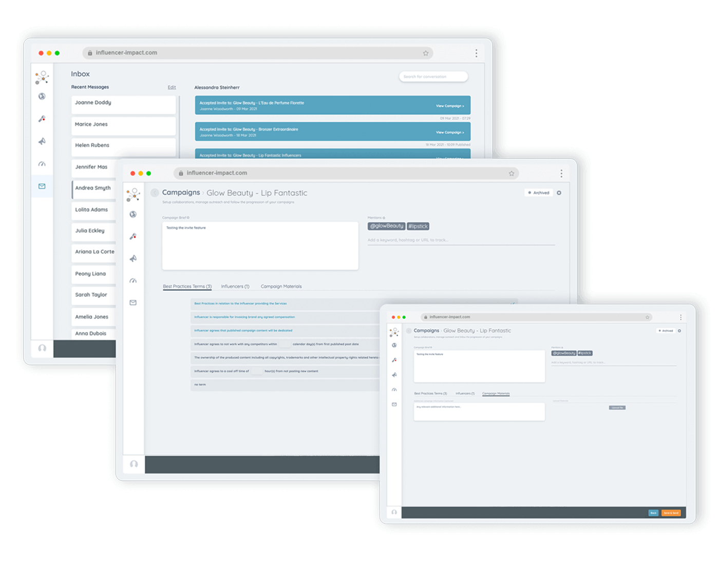 Influencer marketing platform showing influencer communication tools